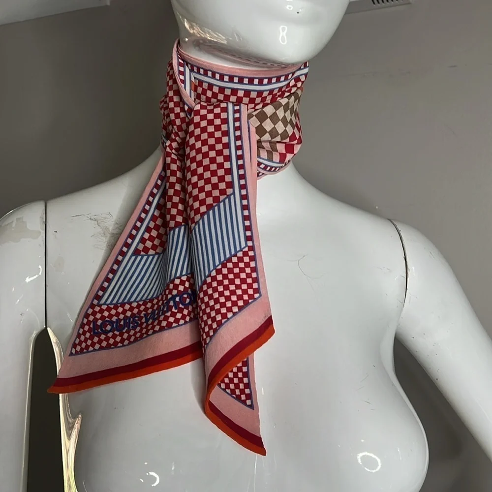 Louis Vuitton 48” 100% Silk Damier Multicolor Scarf Headband Bag Twilly